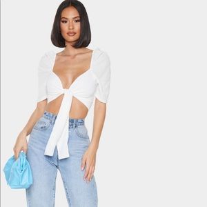 White Puff Short Sleeve Tie Crop Blouse